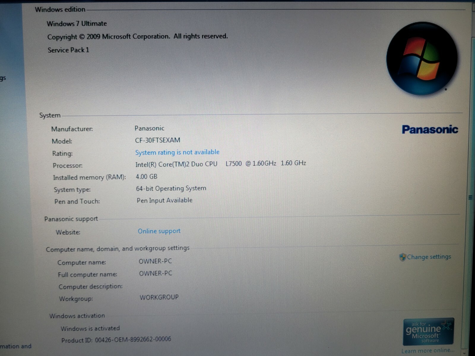 PANASONIC CF-30 L7500 2 DUO 1.6GHZ/ TOUCH/ BT/ / WIN7 ULTIMATE P64 /320GB HD/