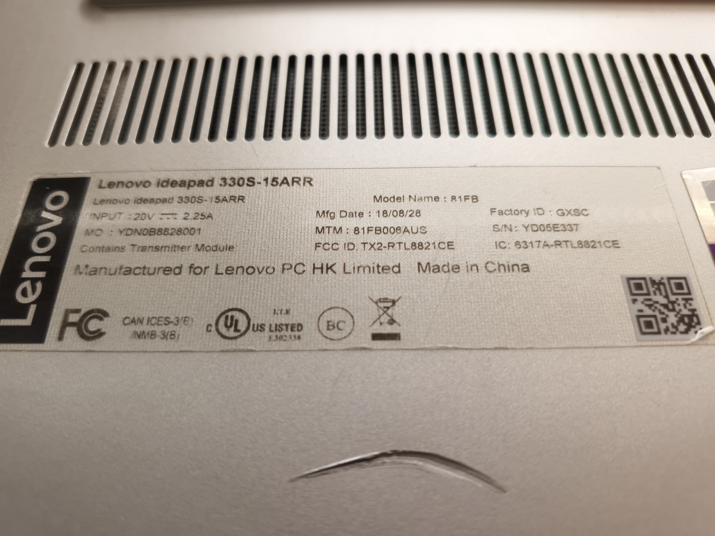 Lenovo 330S-15ARR 15.6″ Laptop/AMD Ryzen 5-2500U NO RAM, SSD, NO POWER, NO POST