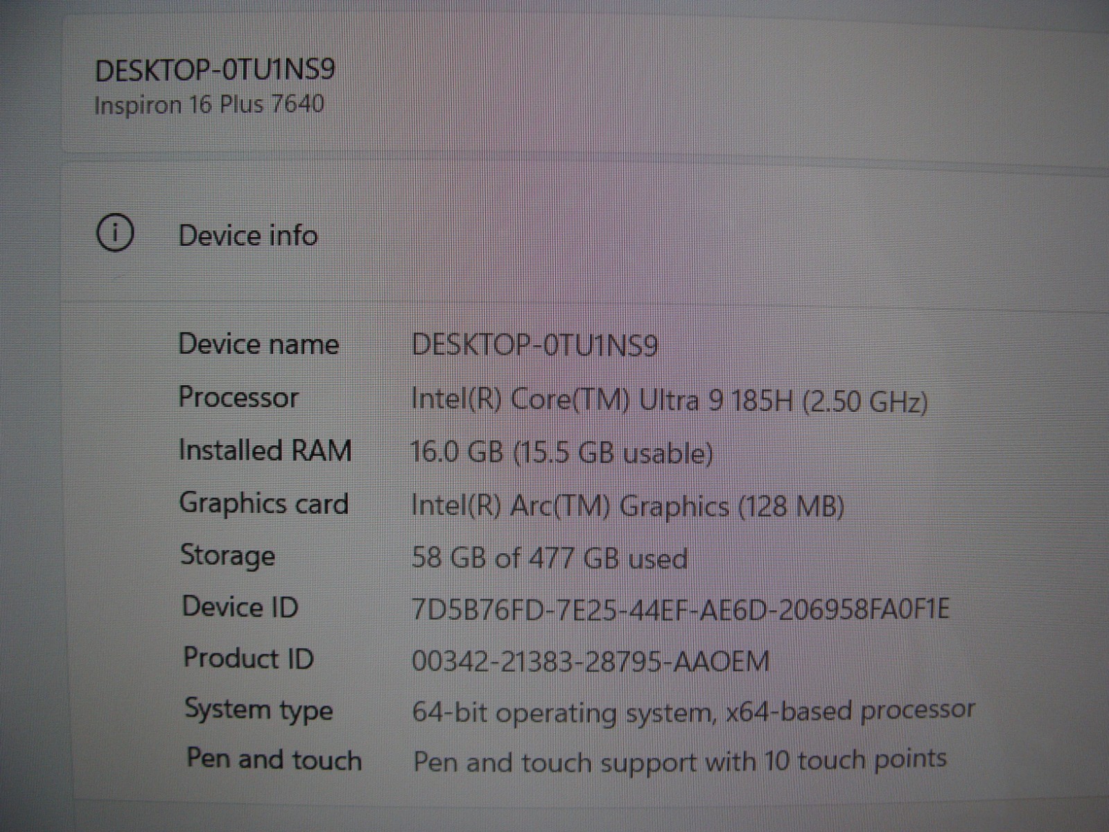 Dell Inspiron 16 Plus 7640 16″FHD+TOUCH Ultra 9 185H max 5,1 GHz 16GB 512GB W11H