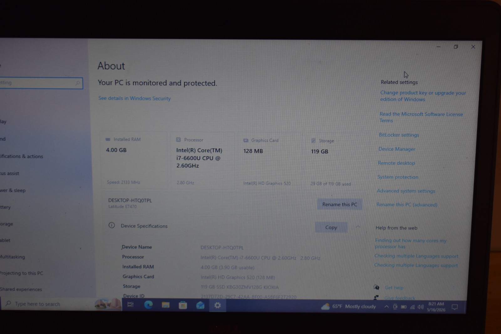 Dell Latitude E7470 Intel Core i7-6600U 2.6GHz 4GB RAM 128GB SSD Windows 10 Pro