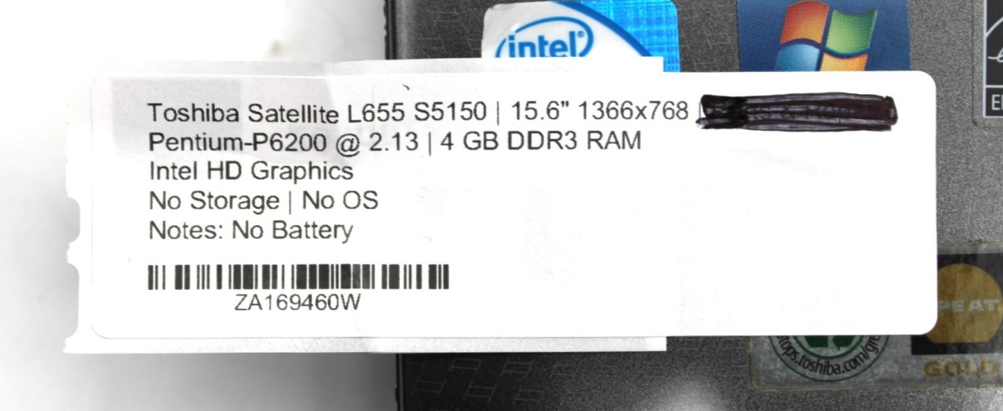 Toshiba Satellite L655 Pentium-P6200@2.1GHz 4GB DDR3 NO STORAGE/OS *USED/TESTED*