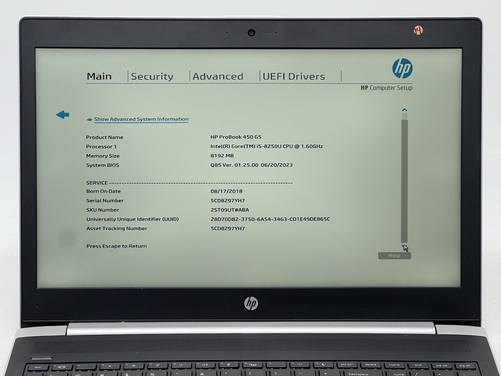 HP ProBook 450 G5, i5-8250U CPU, @ 1.60GHz, 8GB RAM-No HDD/OS/Adapter