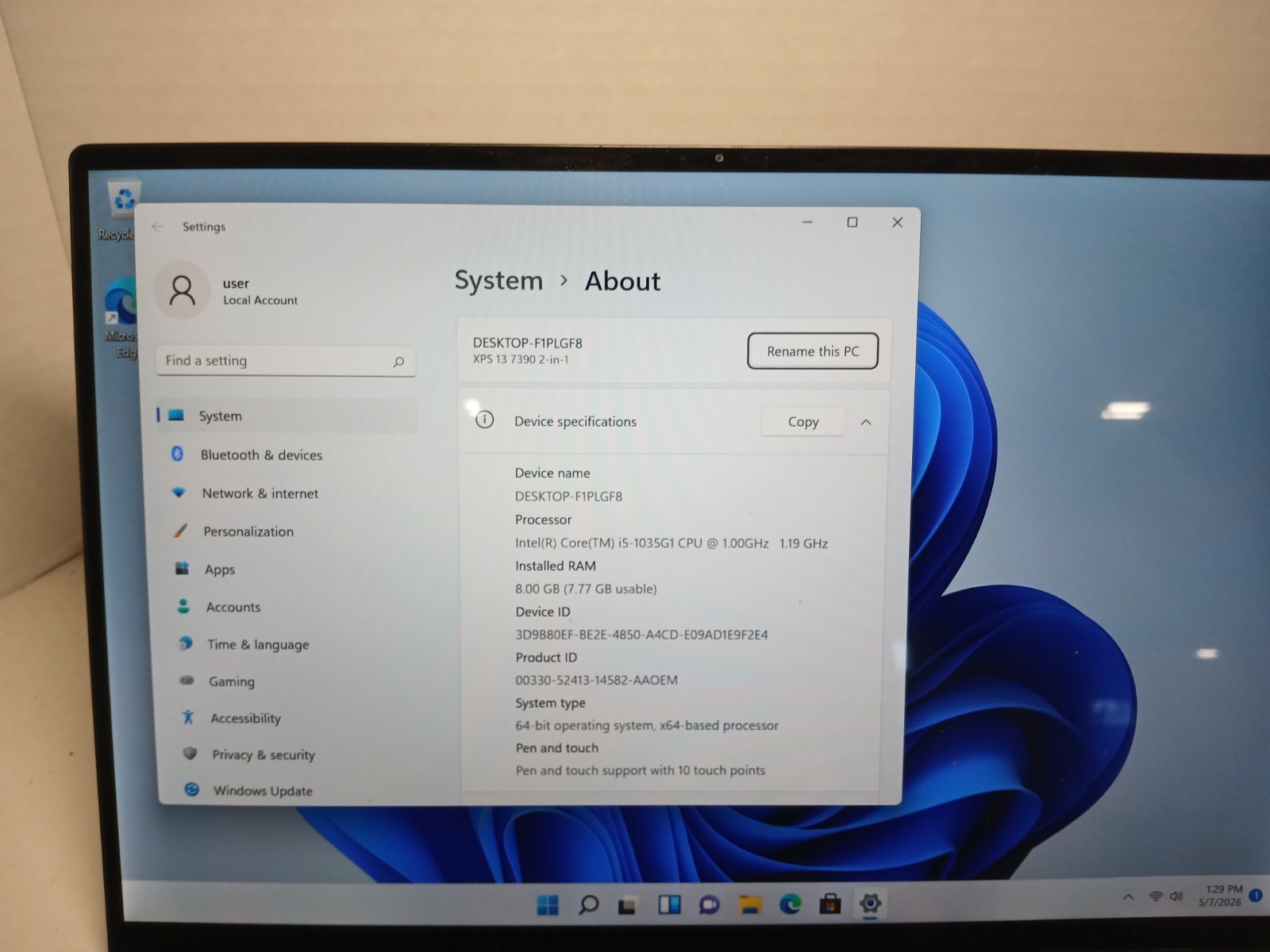 Dell XPS 13 7390 2 in 1 13.3″ i5-1035G1 8GB RAM 256GB SSD Win11 NO BATTERY #97