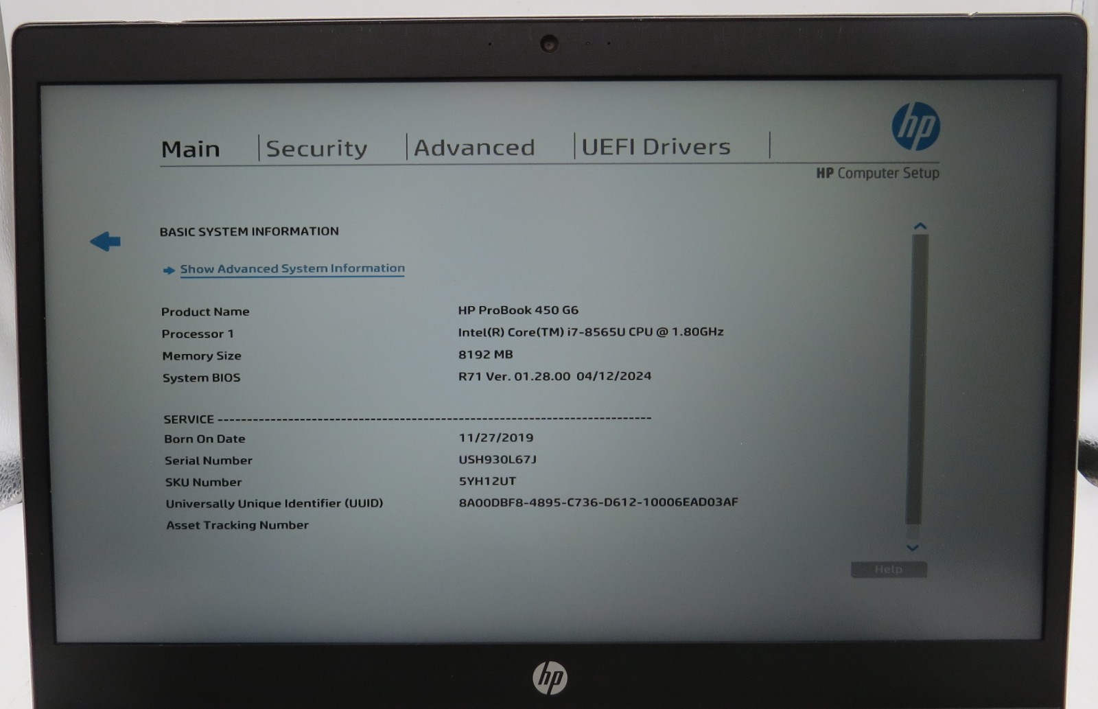 HP ProBook 450 G6 i7-8565U @ 1.8 GHz 8GB RAM 480GB & 256GB SSD MX130 No OS