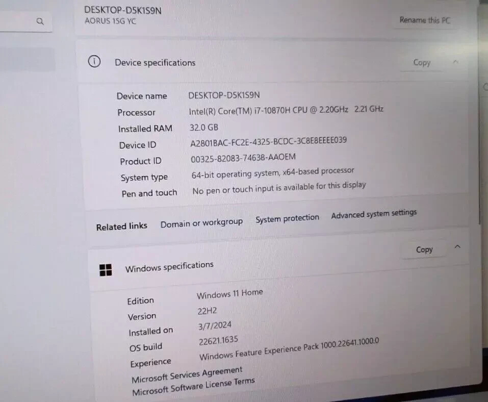 GIGABYTE AER0 15G KC 4K 8 Core i7-10870H 32GB 512GB RTX 3060 Win 11 Office 2021