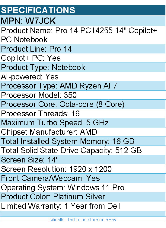 Dell W7JCK Pro 14 PC14255 14″ Copilot+ PC Notebook – Full HD Plus
