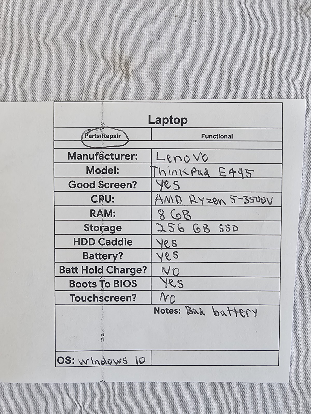 Lenovo ThinkPad E495 Laptop AMD Ryzen 5-3500u 8GB RAM 256GB SSD BAD BATT Win 10