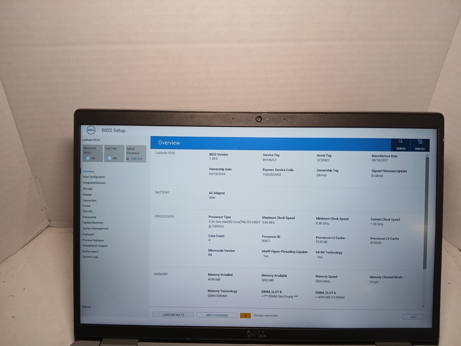 Dell Latitude 5520 15.6″ i5-1145G7 2.6GHz 4GB RAM NO SSD NO OS! BIOS PW! #97