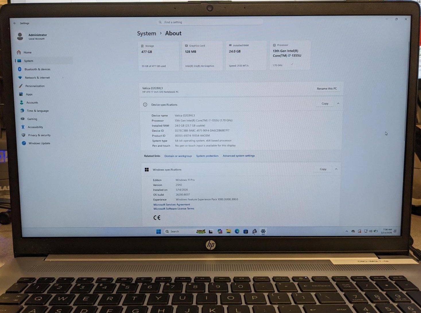 HP 470 G10 i7-1355U @ 1.20GHz, 24GB RAM, NO HDD/OS