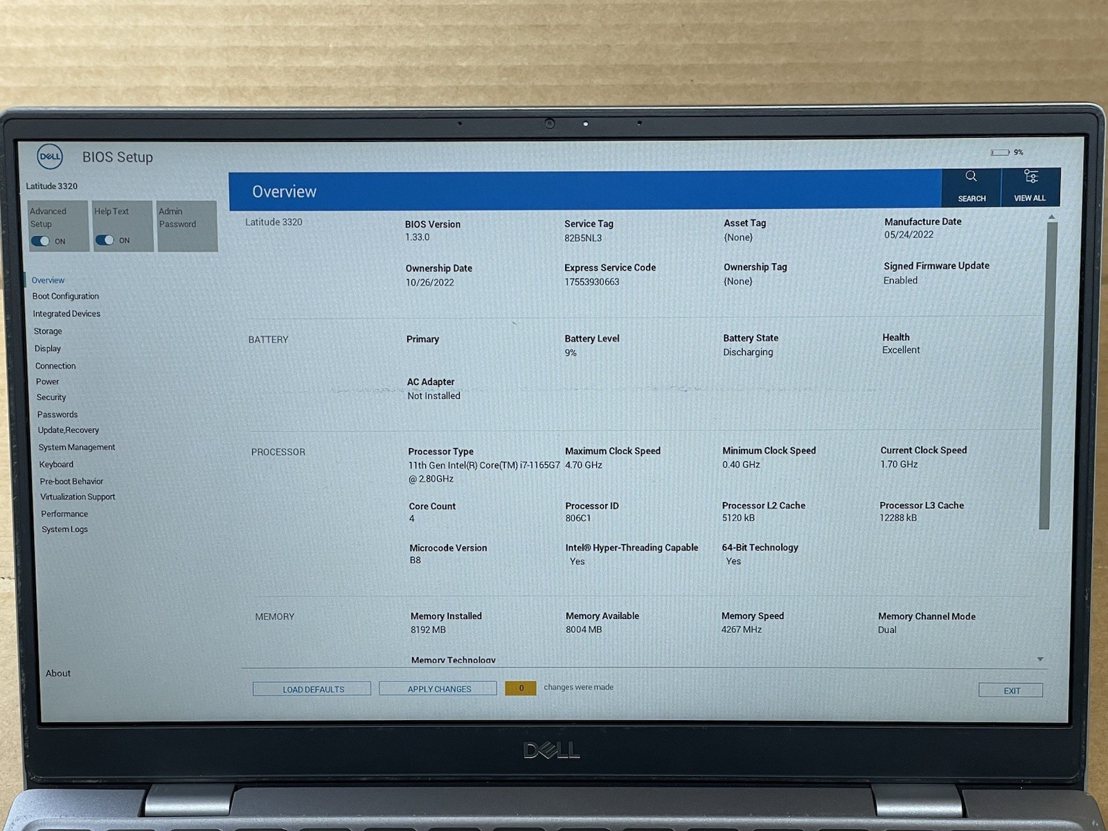 Dell Latitude 3320, Intel Core i7-1165G7 @ 2.80GHz, 8GB RAM, No SSD No Os