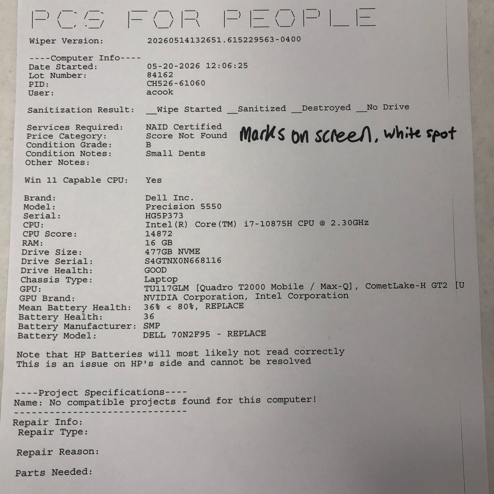 Dell Precision 5550 Intel Core i7-10875H 16GB RAM 512GB NVMe T2000 NO OS *Read*