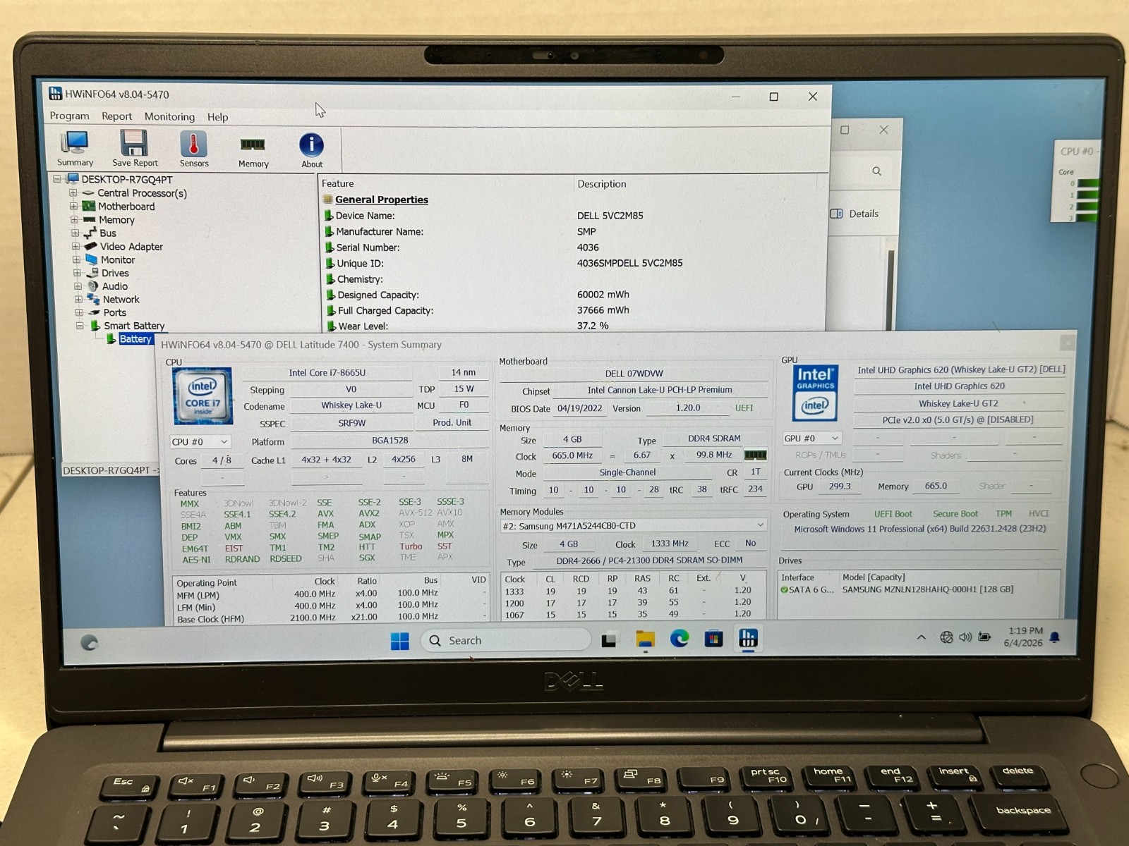Dell Latitude 7400 i7-8665u 4GB RAM 128GB SSD Win 11 NO AC #04