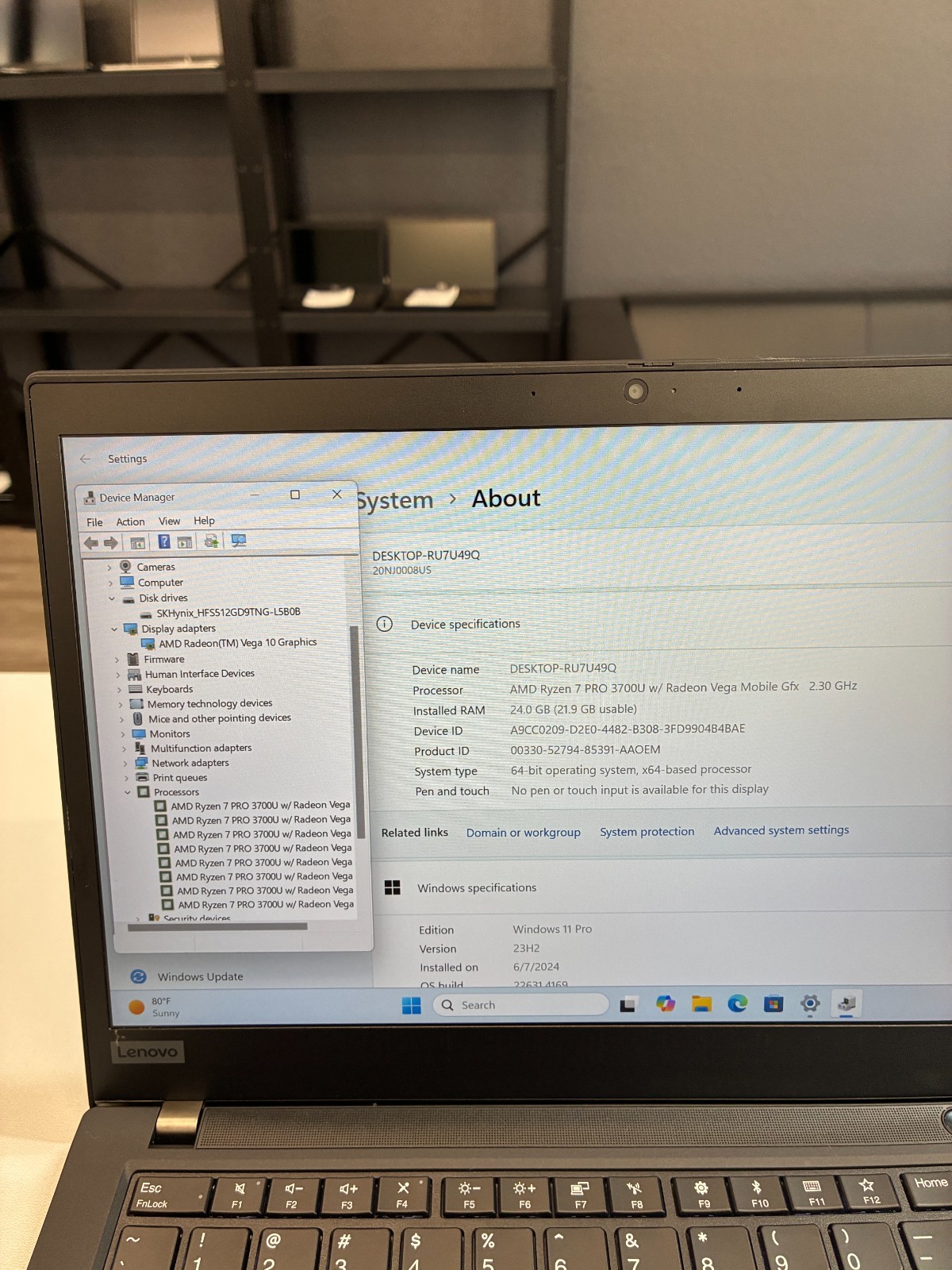 Lenovo ThinkPad T495: Screen 14″ / Ryzen 7 3700U / RAM 24Gb / SSD 512Gb / Win 11