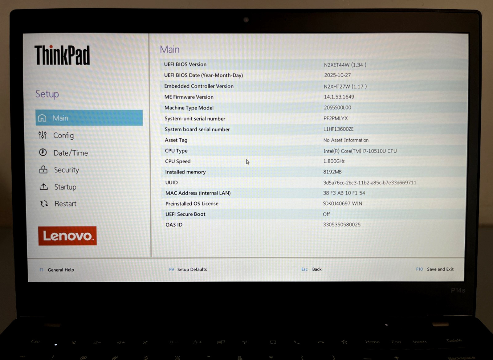  Lenovo ThinkPad P14s Gen 1 Intel i7-10510U 8GB RAM 256GB NVMe macOS 26 Tahoe