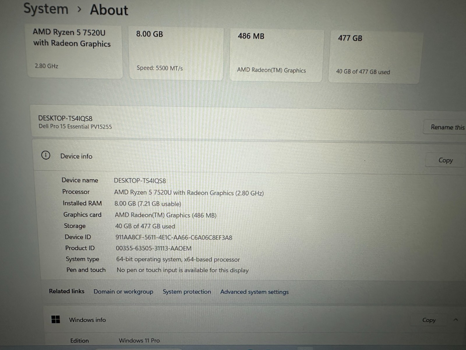 DELL PRO 15 LAPTOP AMD RYZEN 5 7520u @ 2.80GHZ 8GB RAM 588GB SSD (lp713)
