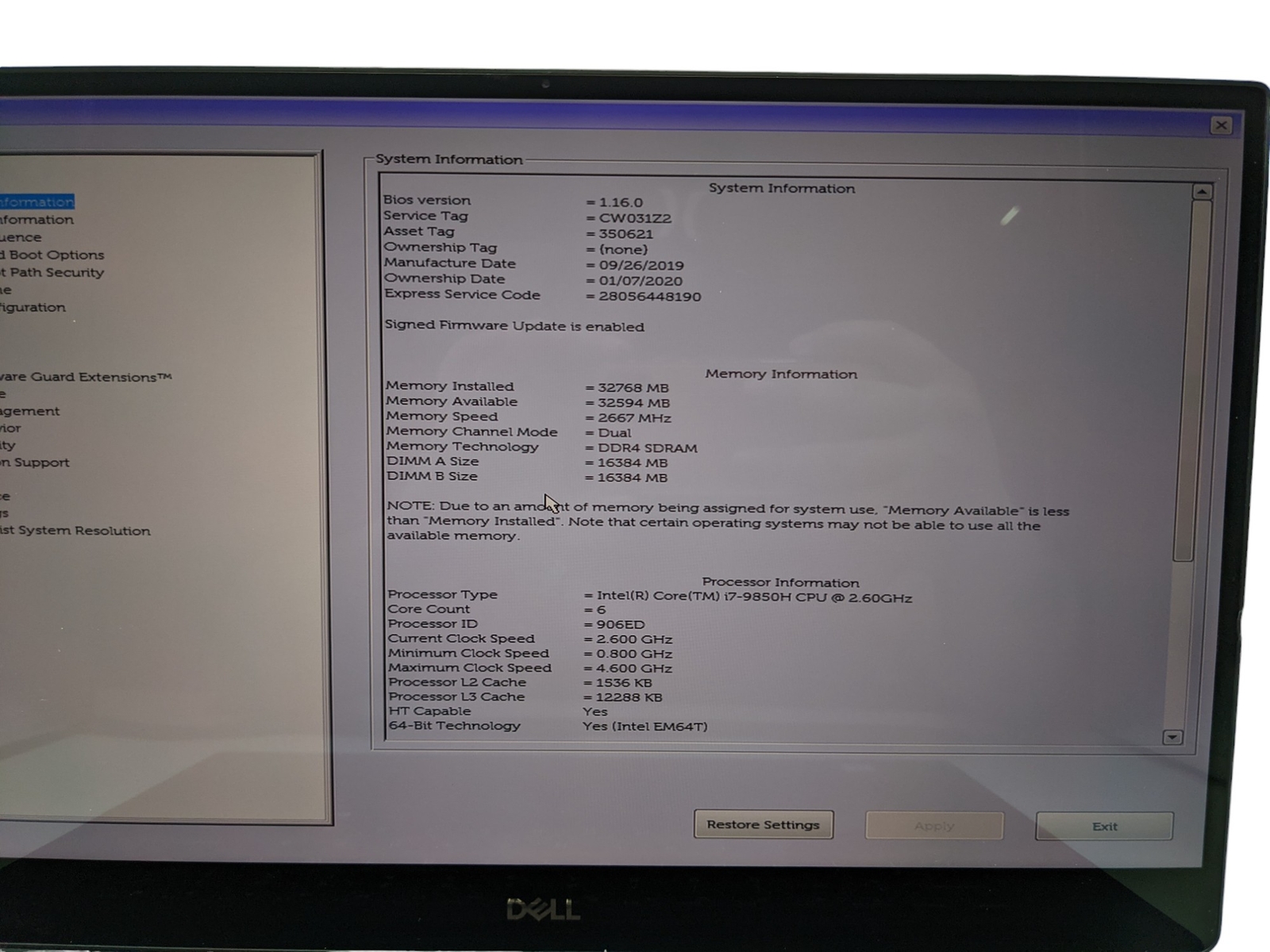 DELL PRECISION 5540 15″ i7 2.6GHz 32GB RAM 1TB SSD Grade D