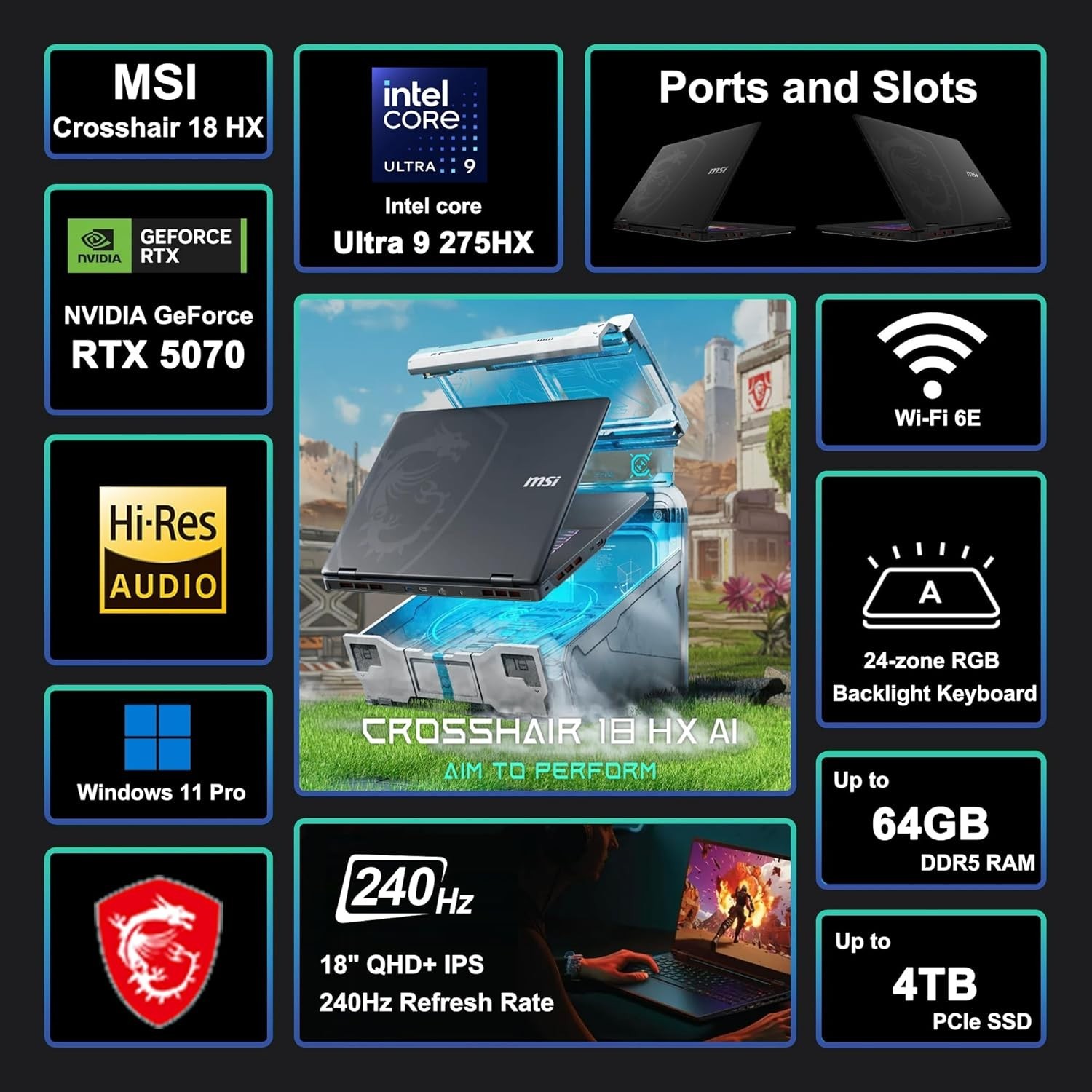 MSI Crosshair 18″ QHD Gaming Laptop Intel Core Ultra 9-275HX RTX 5070 4TB SSD