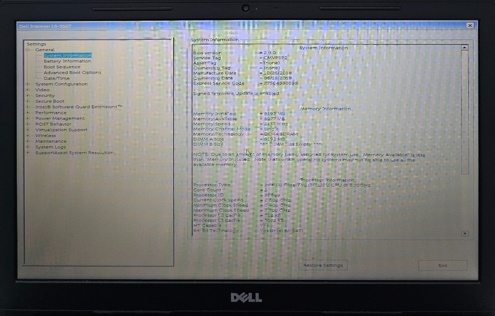 Dell Inspiron 15-3567 Laptop Intel Core i3-7130U 8GB RAM NO HD/OS/BATT (FL)