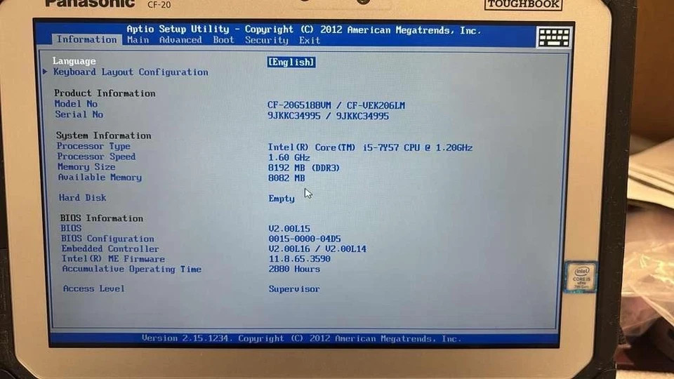 Panasonic Toughbook CF-20, i5-7Y57, 8GB, NO HD, Unlocked 4G LTE 2880 1.20Ghz