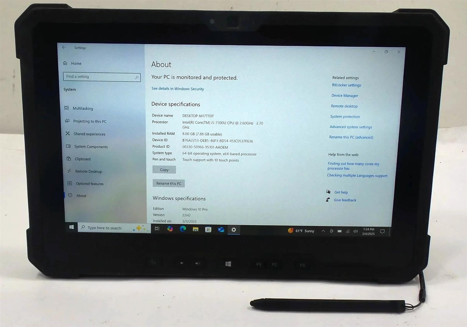 Dell Latitude 7212 Rugged Extreme Core i5-7300U 2.60GHz 8GB 256GB Win 10 Pro