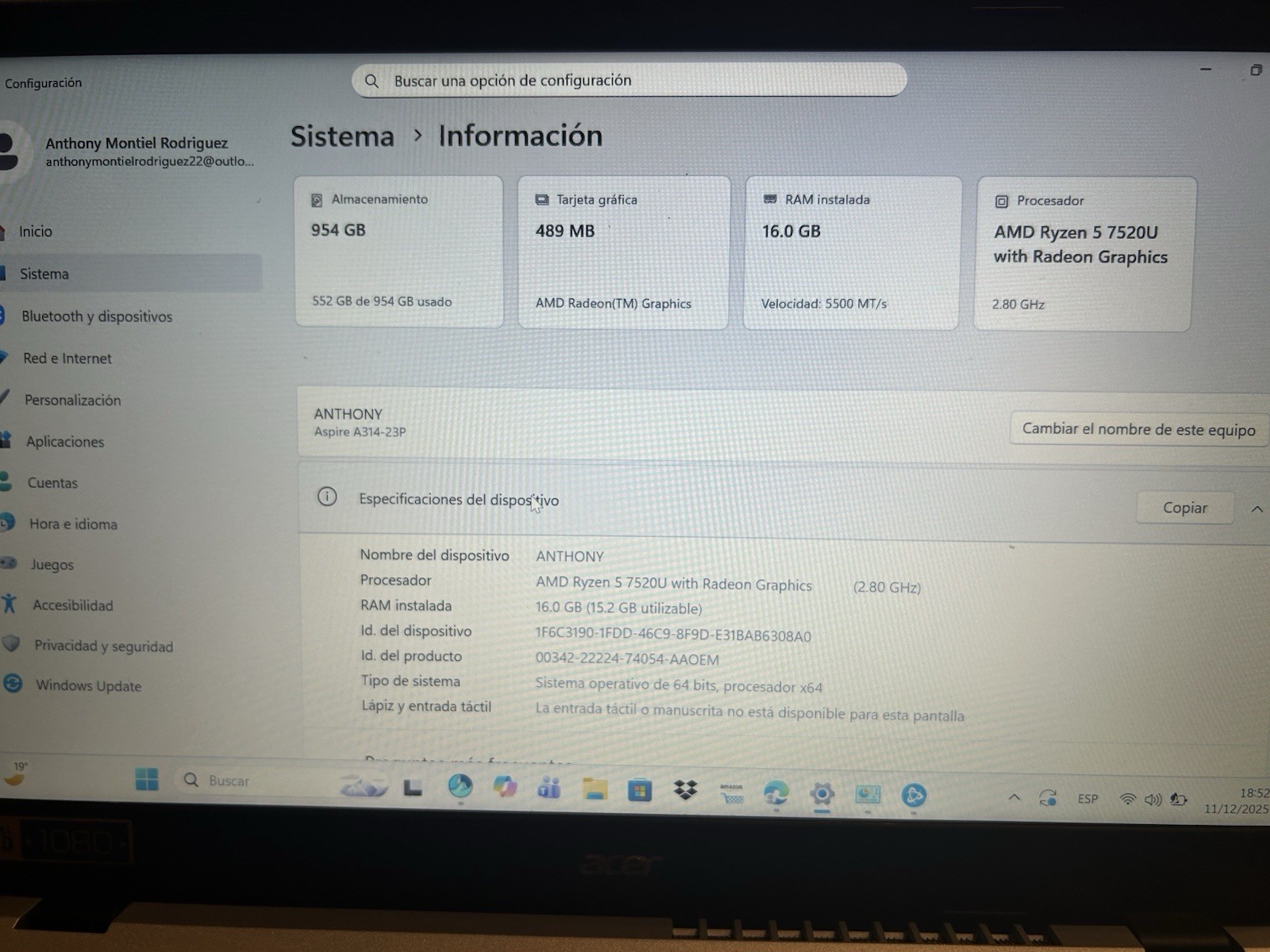 Acer Aspire A314-23P Ryzen 5 16GB RAM 954GB SSD 14″ Silver Windows 11 Laptop