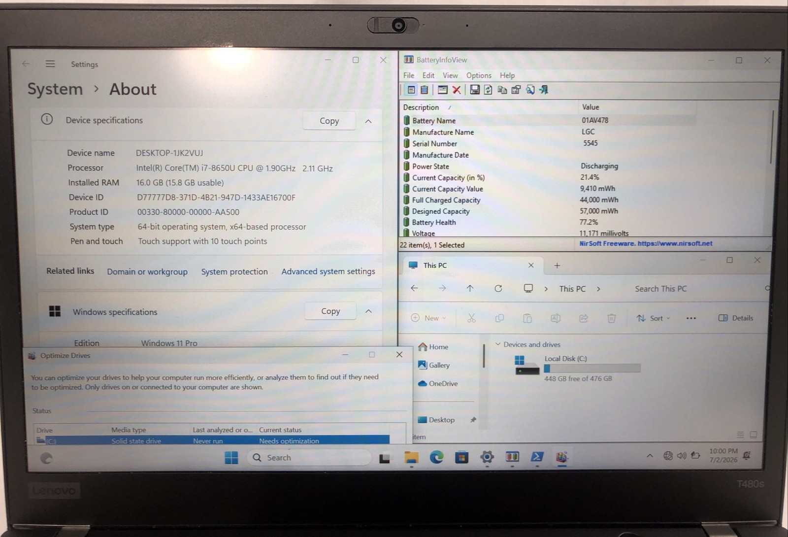Lenovo Thinkpad T480s, Intel Core i7-8650U @1.90 GHz, 16GB RAM, 500GB SSD W11