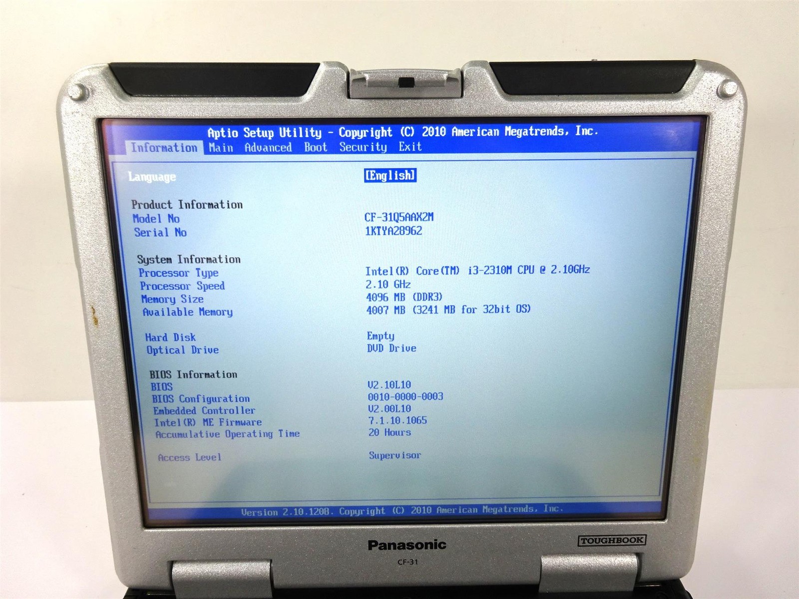 Panasonic CF-31 MK2 Core i3-2310M 2.1GHz 4GB – No HD – Usage : 20 Hours