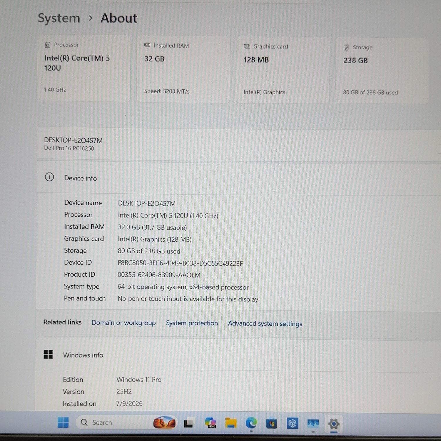 Dell Pro 16 PC16250 16″ Core 5 120U 1.4GHz 32GB RAM 256GB SSD