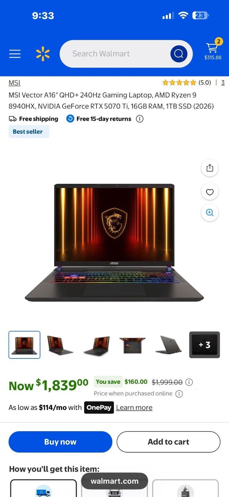 MSI Vector A16 HX 16in QHD+ Ryzen 9 RTX 5070 Ti 16GB 1TB SSD W11