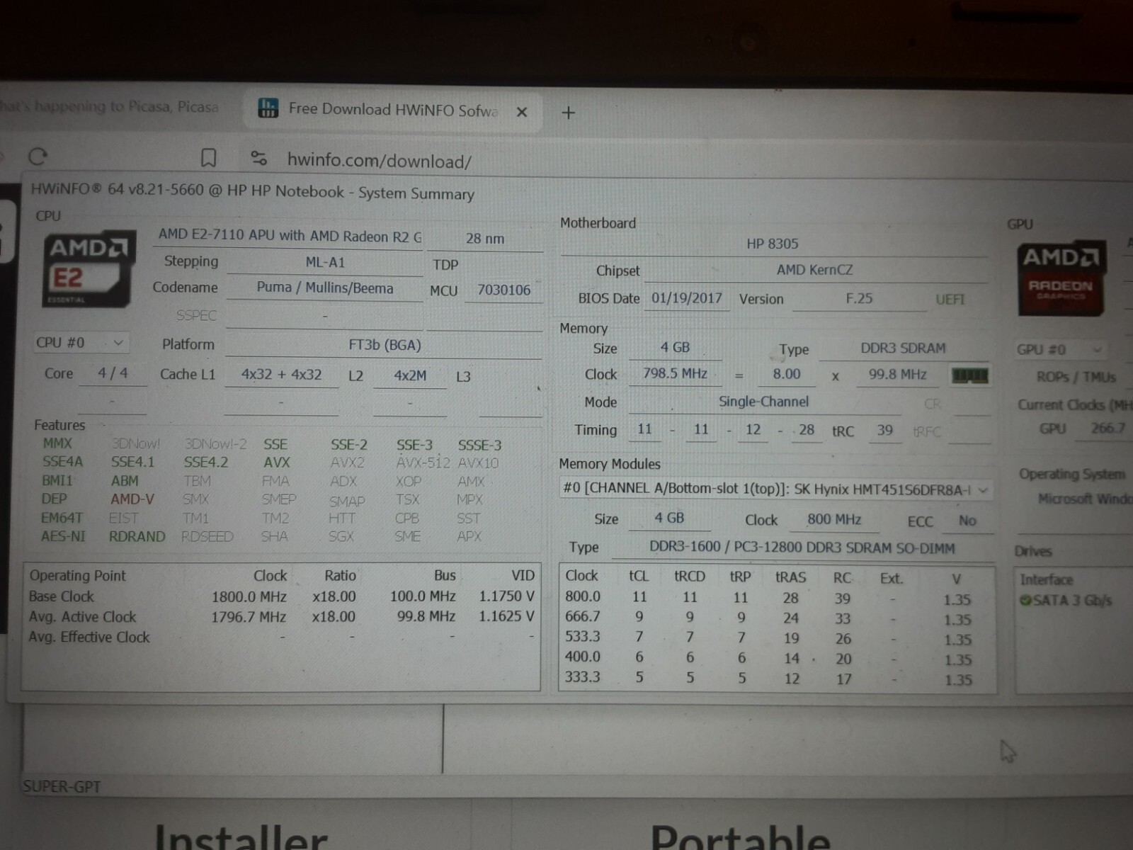 BAD Batt – HP 8305 Notebook 4GB RAM, 32GB SSD AMD Radeon APU A6-6200 R3 Graphics