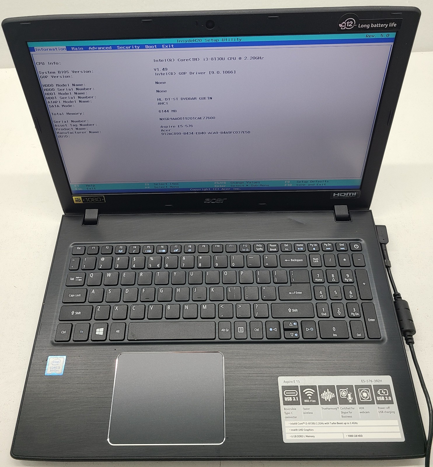 Acer Aspire E15 E5-576-392H Laptop Intel i3-8130U 6GB RAM NO HD/OS (FL)