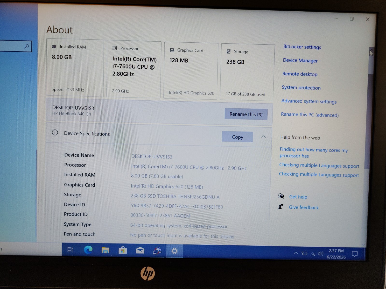 HP EliteBook 840 G4 2ST57US 14 i7-7600U 2.8 8GB 256GB SSD WINDOWS 10 PRO