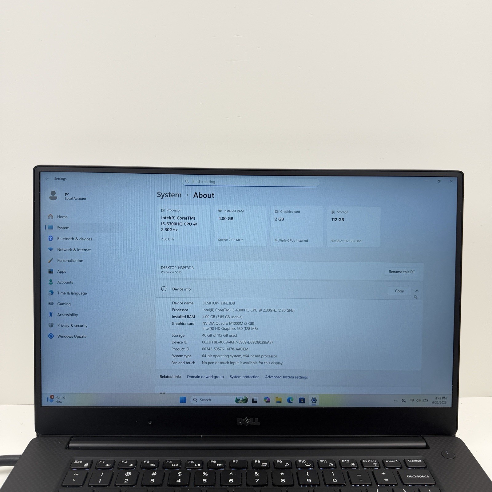 Dell Precision 5510 15.6″ Laptop i5-6300HQ 4GB RAM 128GB SSD Win11 w/ Charger