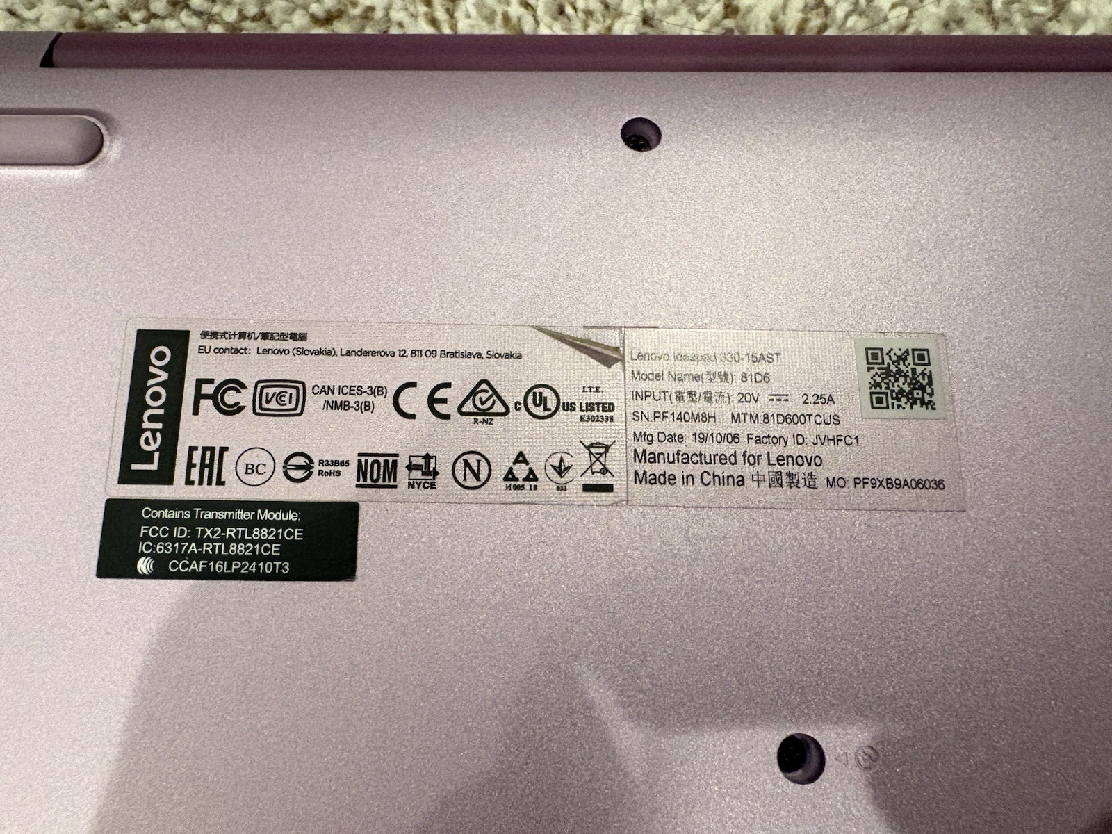 Lenovo IdeaPad 330-15AST 15.6″ Purple AMD A9 8GB 1TB HDD Windows Charger