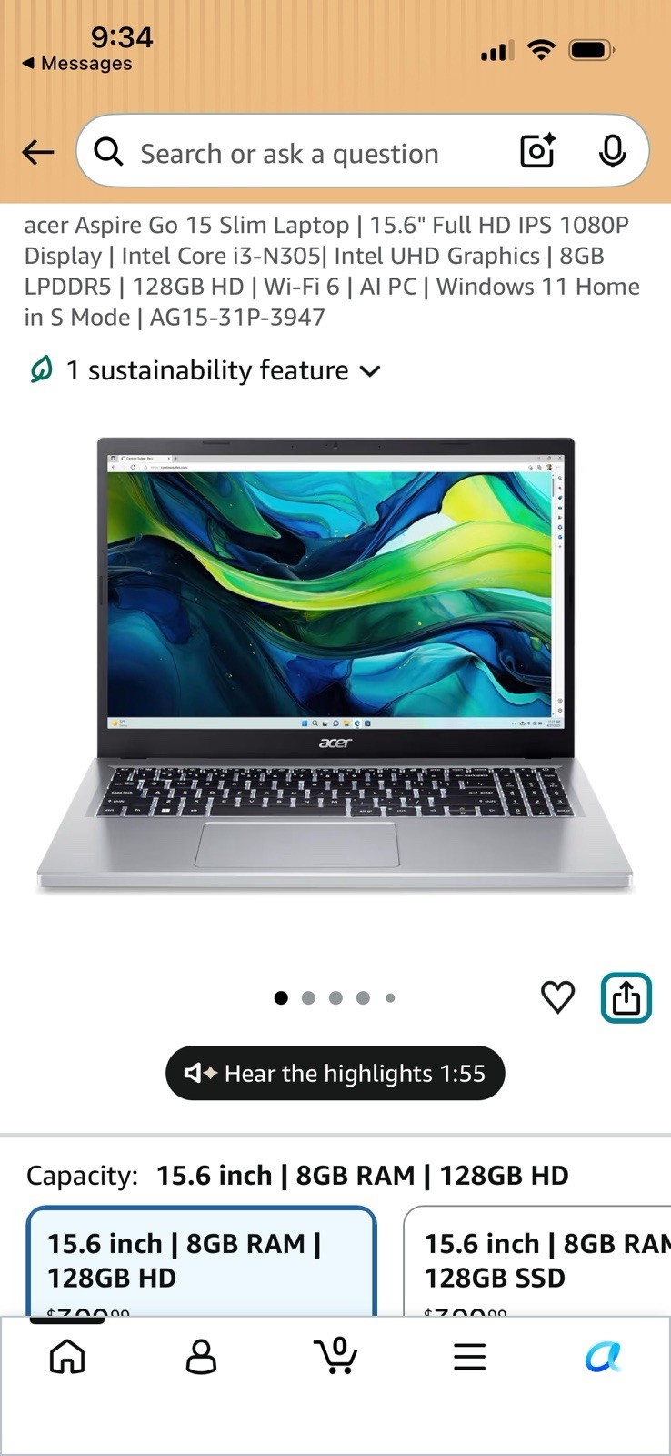 Acer Aspire Go 15 Slim Laptop 15.6 HD IPS 1080P Display Intel Core i3-N305 128GB
