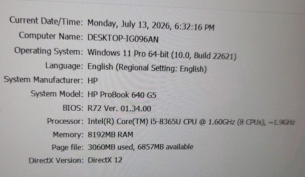 HP ProBook 640 G5 i5-8365U CPU@ 1.9GHz 8GB RAM 256GB SSD 071307