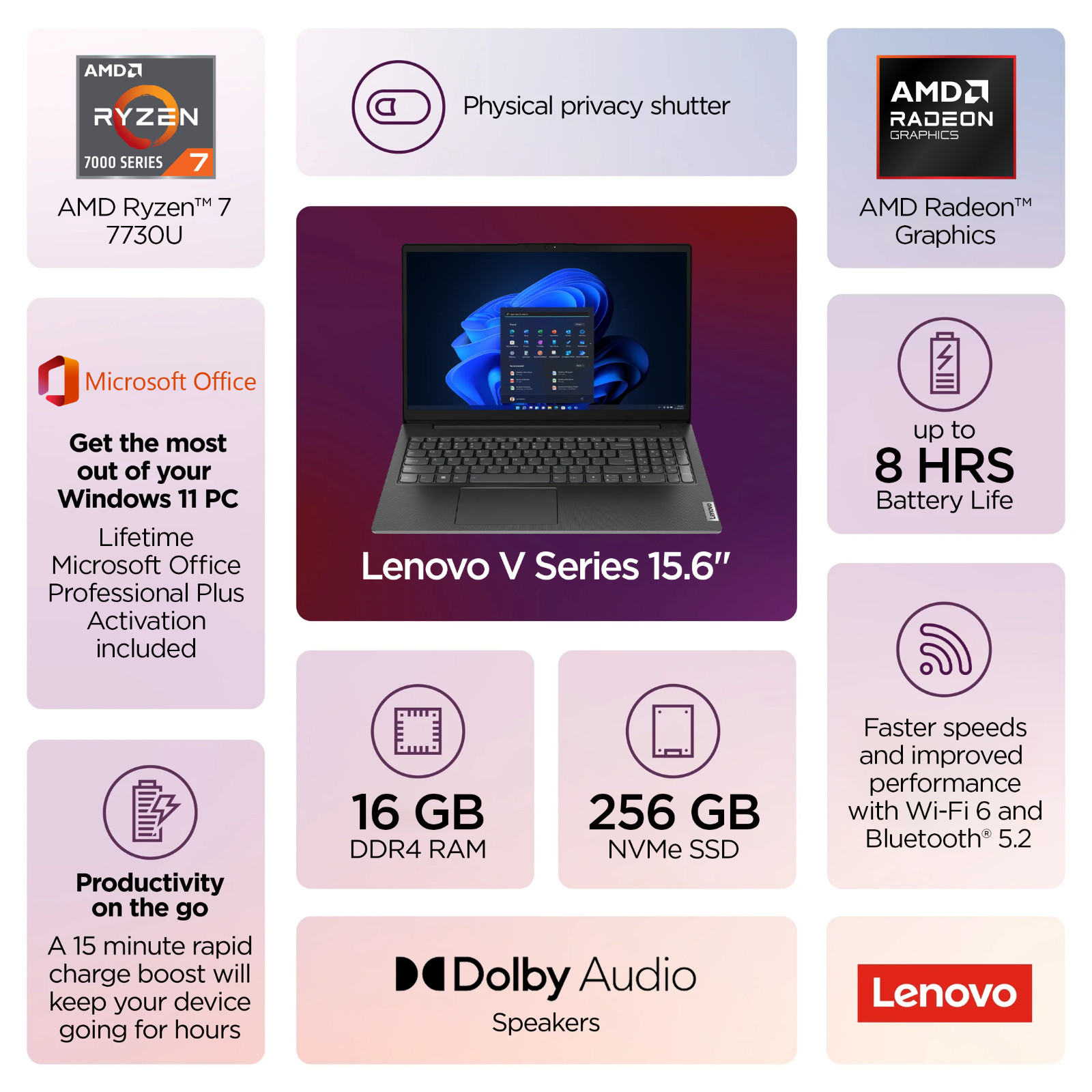 2026 Lenovo V15 Business Laptop 15.6″ AMD Ryzen 7 16GB RAM 256GB SSD, Win 11 Pro