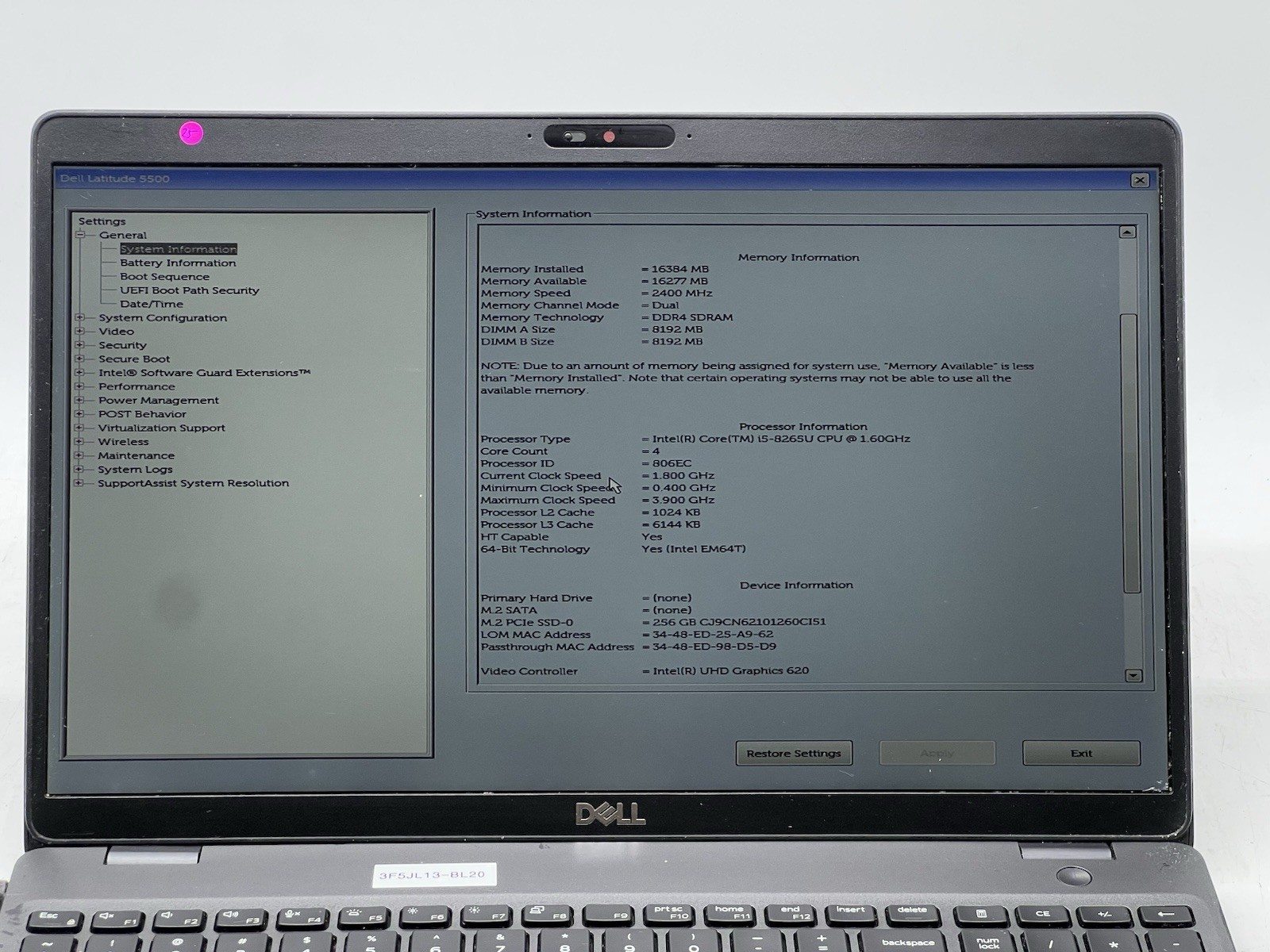 Dell Latitude 5500, i5-8265U, @ 1.60GHz, 16GB RAM, 256GB NVMe, No OS , w/Charger