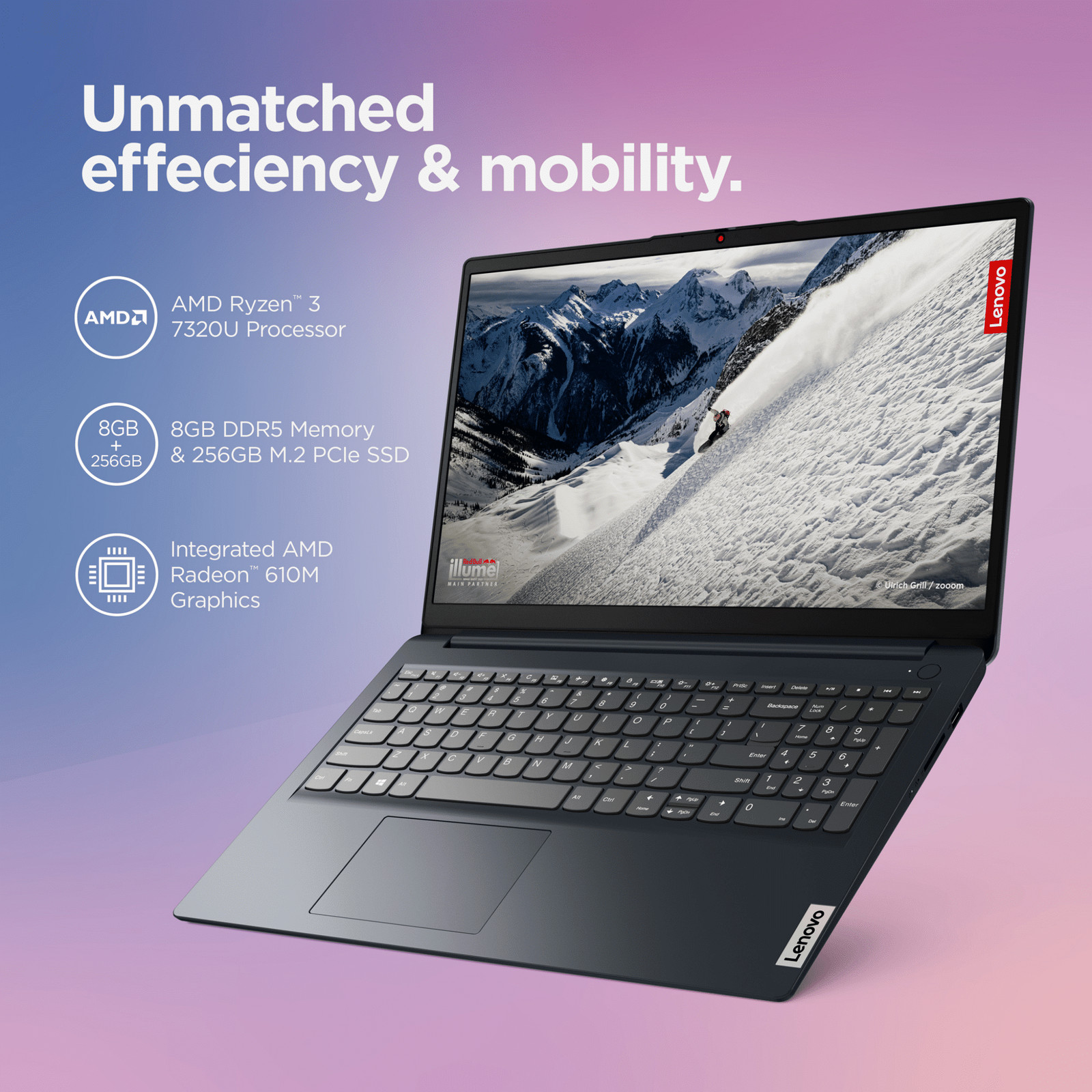 Ideapad 1 15.6 Inch Laptop AMD Ryzen 3-7320U 8GB RAM 256GB SSD Abyss Blue