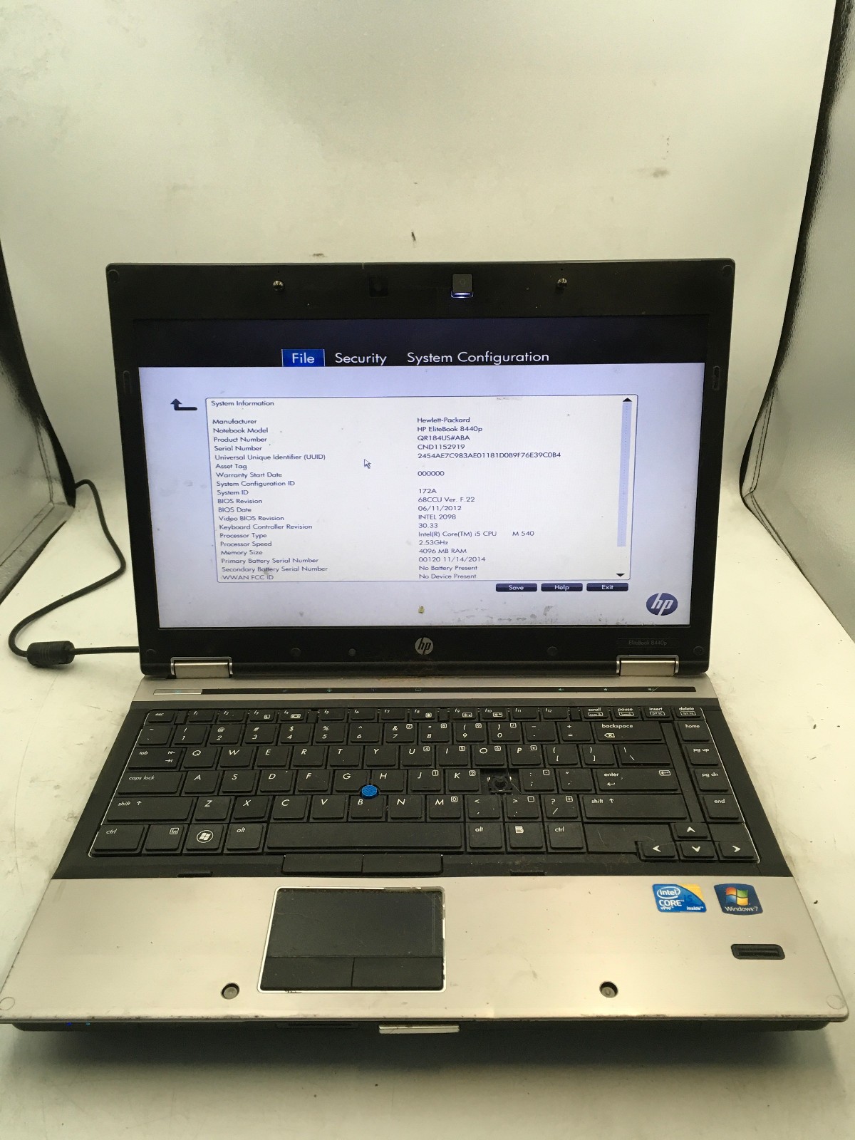 HP ELITEBOOK 8440P – BOOTS TO BIOS – INTEL I5 M540 – 4GB RAM – 14″ -READ DESC-BB