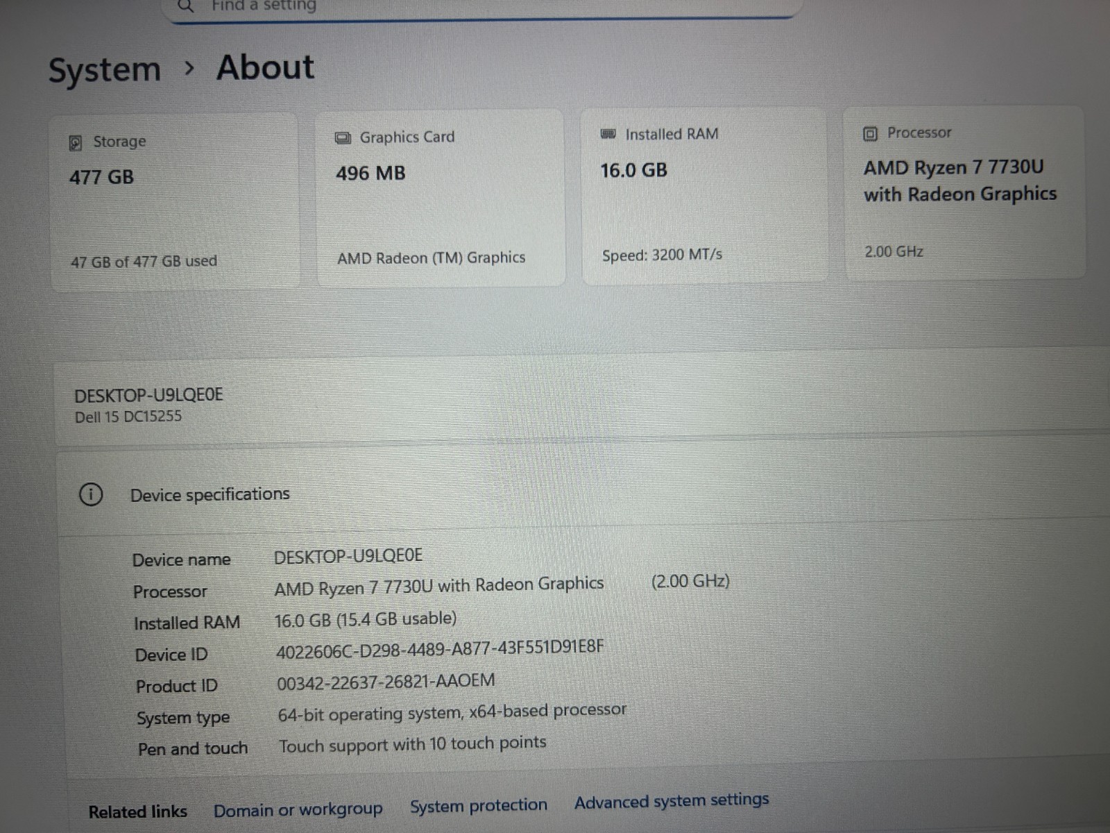 DELL 15 DC15255 G8MK9,, AMD Ryzen 7 7730U, 2.00 GHz, 16 GB RAM, 512 GB NVMe