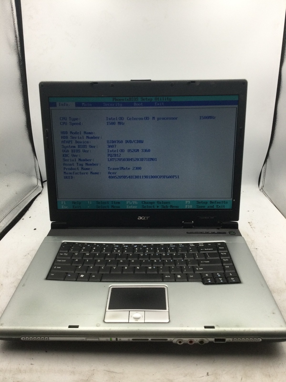 ACER TRAVELMATE 2300 – BOOTS TO BIOS – INTEL CELERON M – 256MB RAM – READ – BB