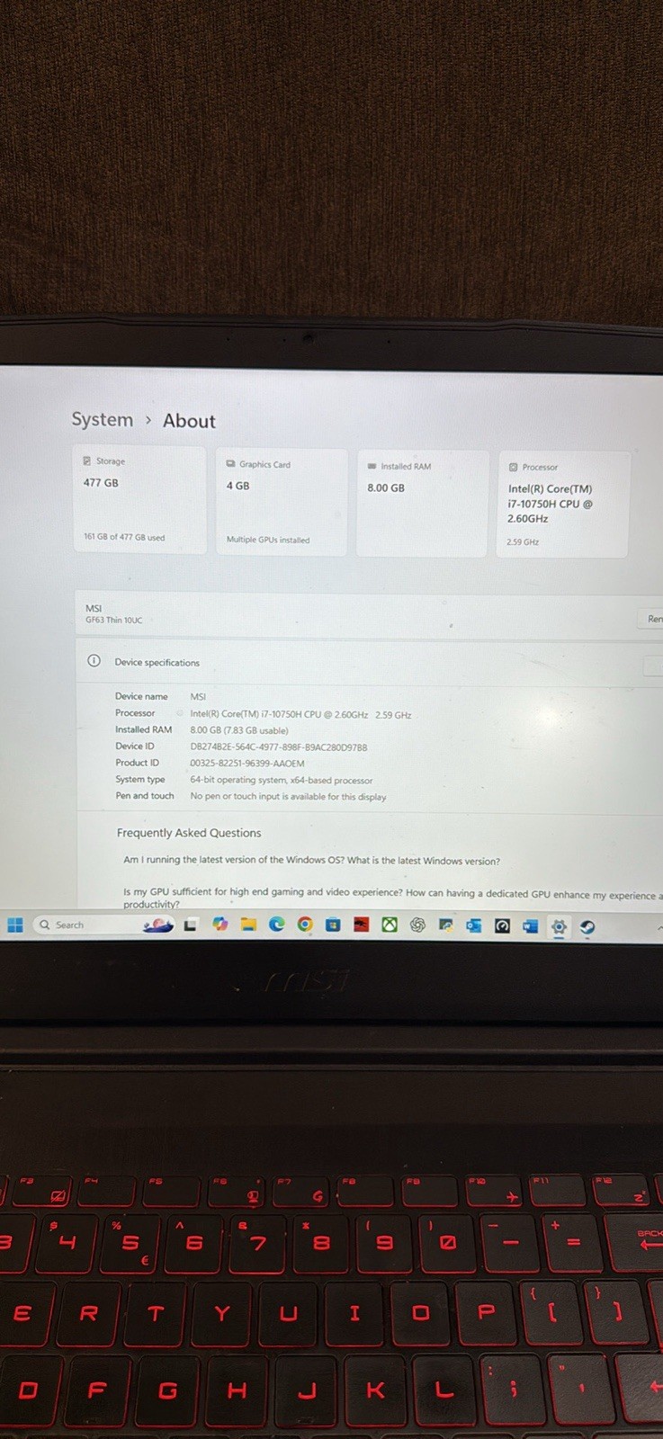 MSI THIN GF63 15.6″ (512GB SSD, Intel i7-12650H, 2.30 GHz, 8 GB of RAM(