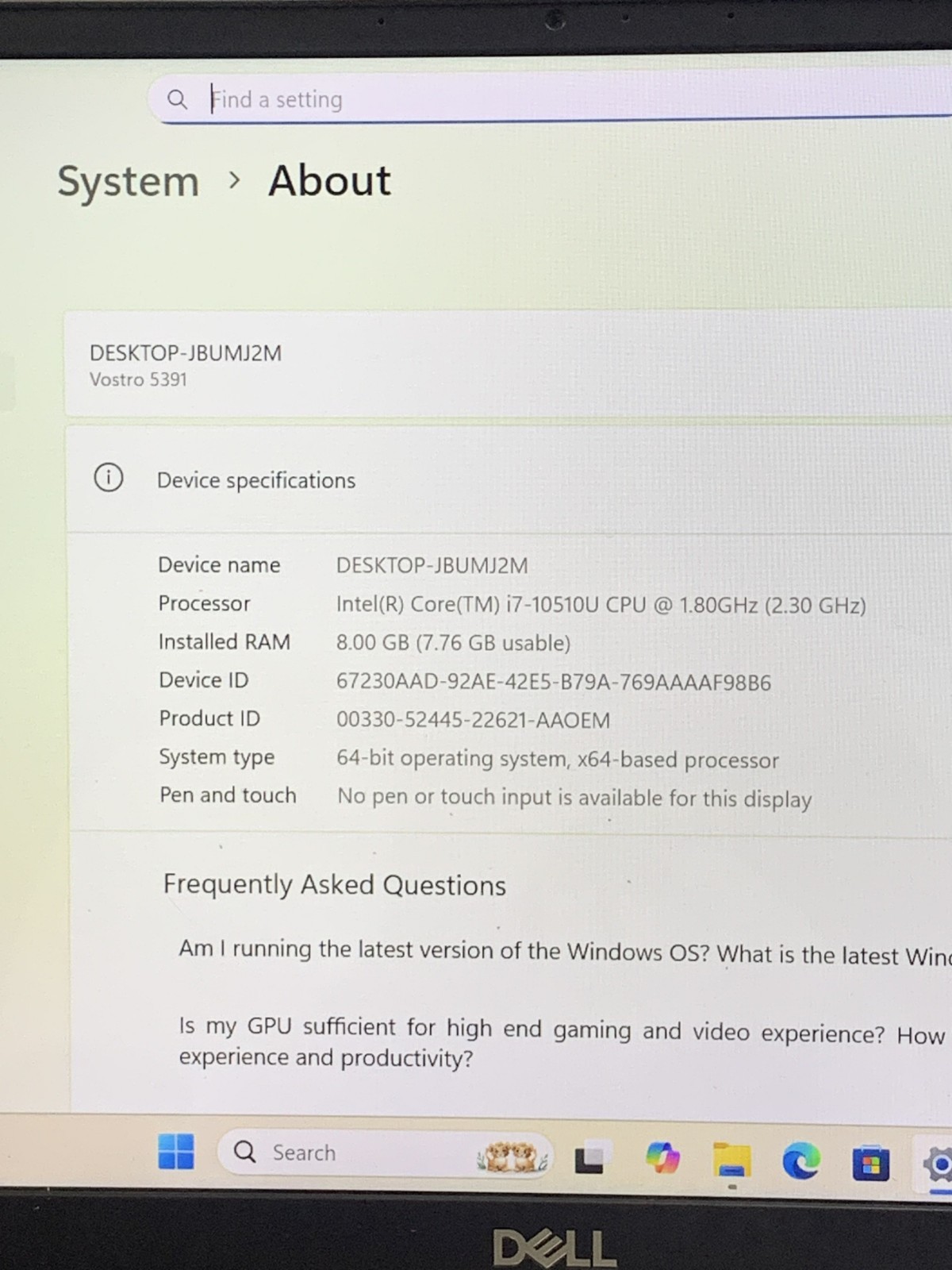 DELL VOSTRO 5391 INTEL CORE i7-10510U@1.80GHZ 8GB RAM 512GB NVME W11P W/AC *READ