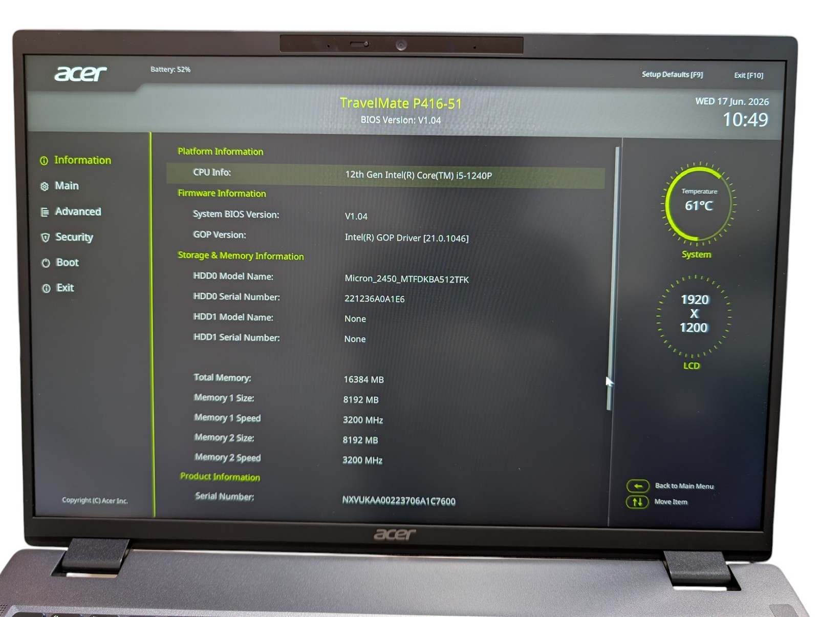 Acer TravelMate P416-51 16″ i5-1240P – 16GB RAM 512GB SSD – Grade D