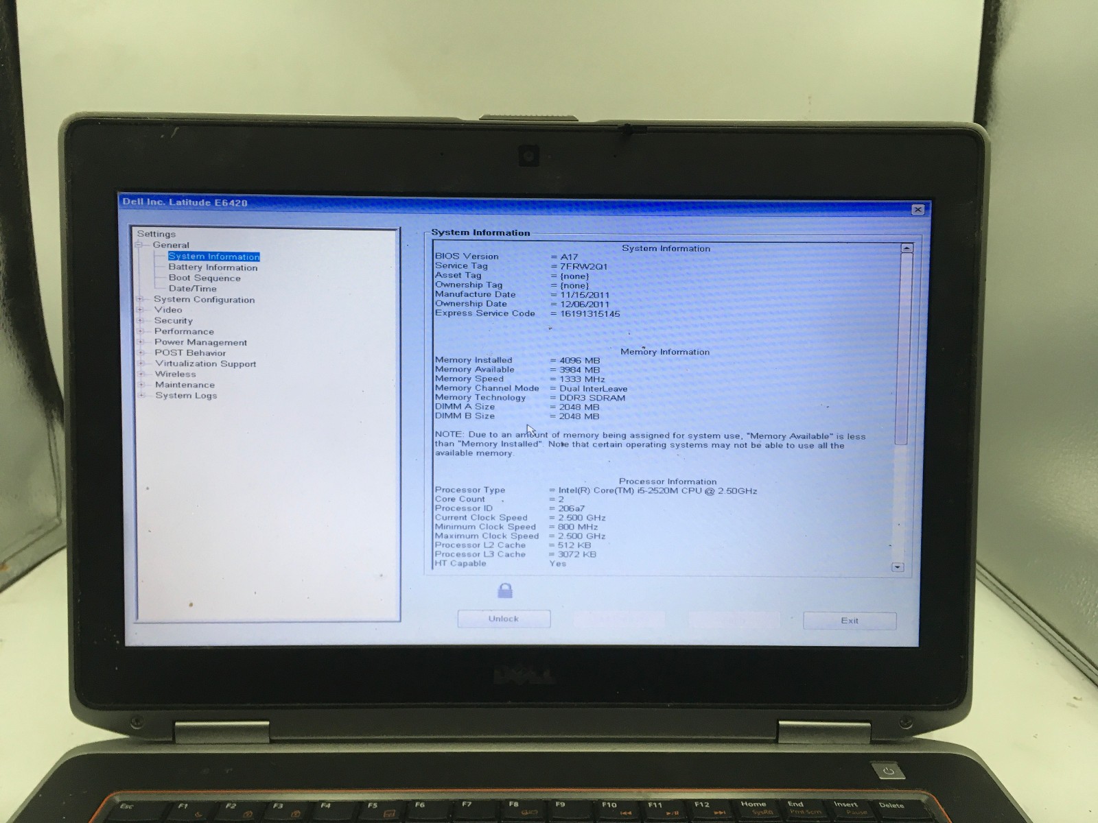 DELL LATITUDE E6420 – BOOTS TO BIOS/LOCKED – INTEL I5 2520M -4GB RAM- READ – BB!
