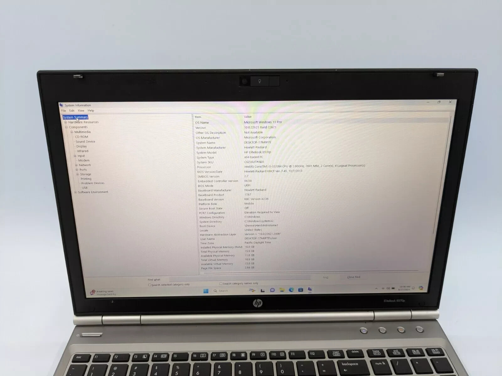 HP EliteBook 8570p i5 2.6 GHz 8 GB ram 250 GB SSD FINGER PRINT SCAN WIN 11 PRO