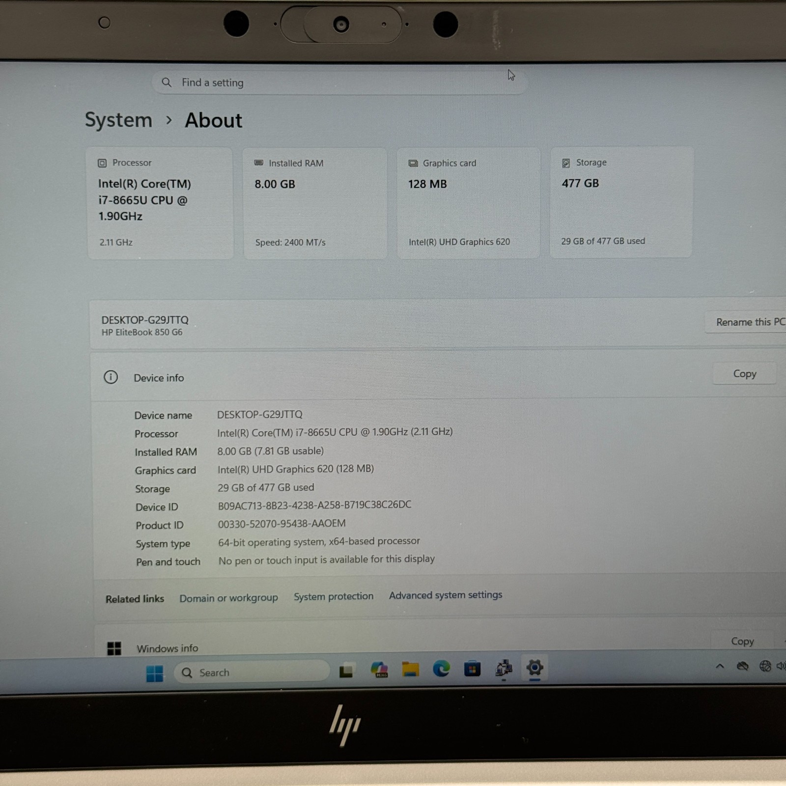 HP EliteBook 850 G6 15.6″ i7-8665U 8GB 512GB SSD Win 11 Pro