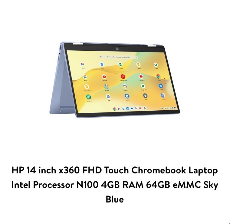 HP Chromebook X360 14″ FHD Touch, Intel N100, 4GB RAM, 64GB eMMC, Sky Blue