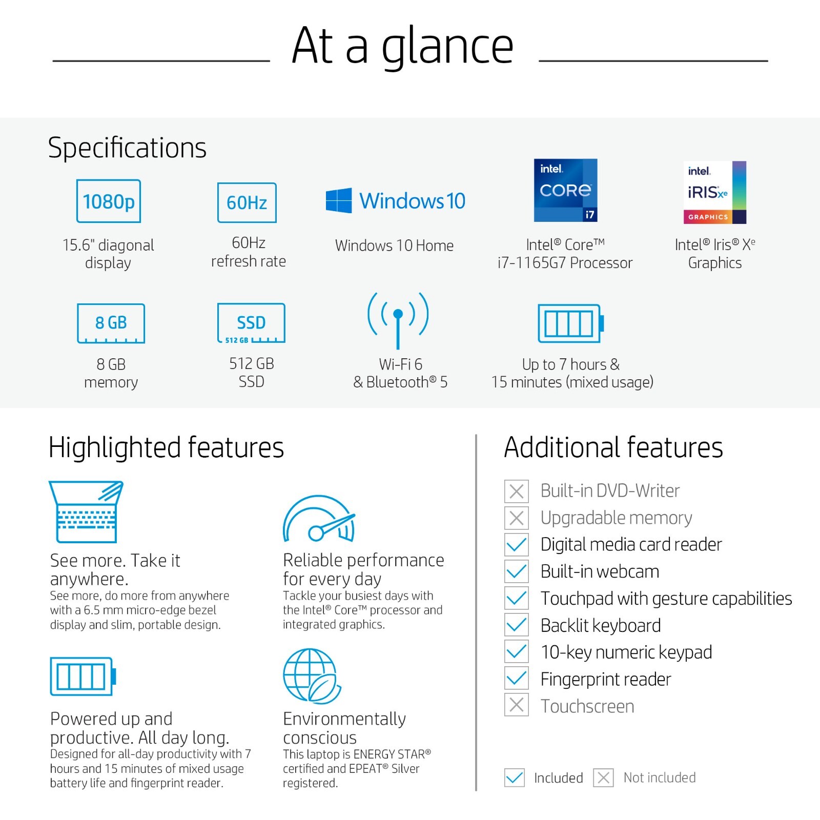 HP Laptop-15.6″ Full HD (1920 x 1080) -15-dw3071cl-512GB SSD- 8GB- Intel Core i7